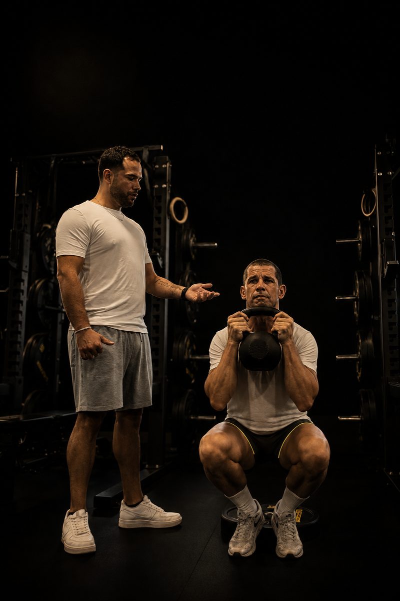 Accompagnement d'un client sur un squat kettlebell